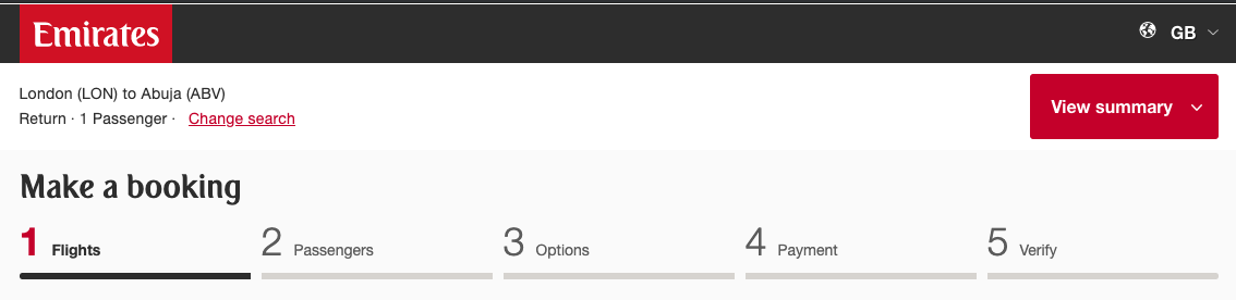 Progress Bar from Emirates Booking Form