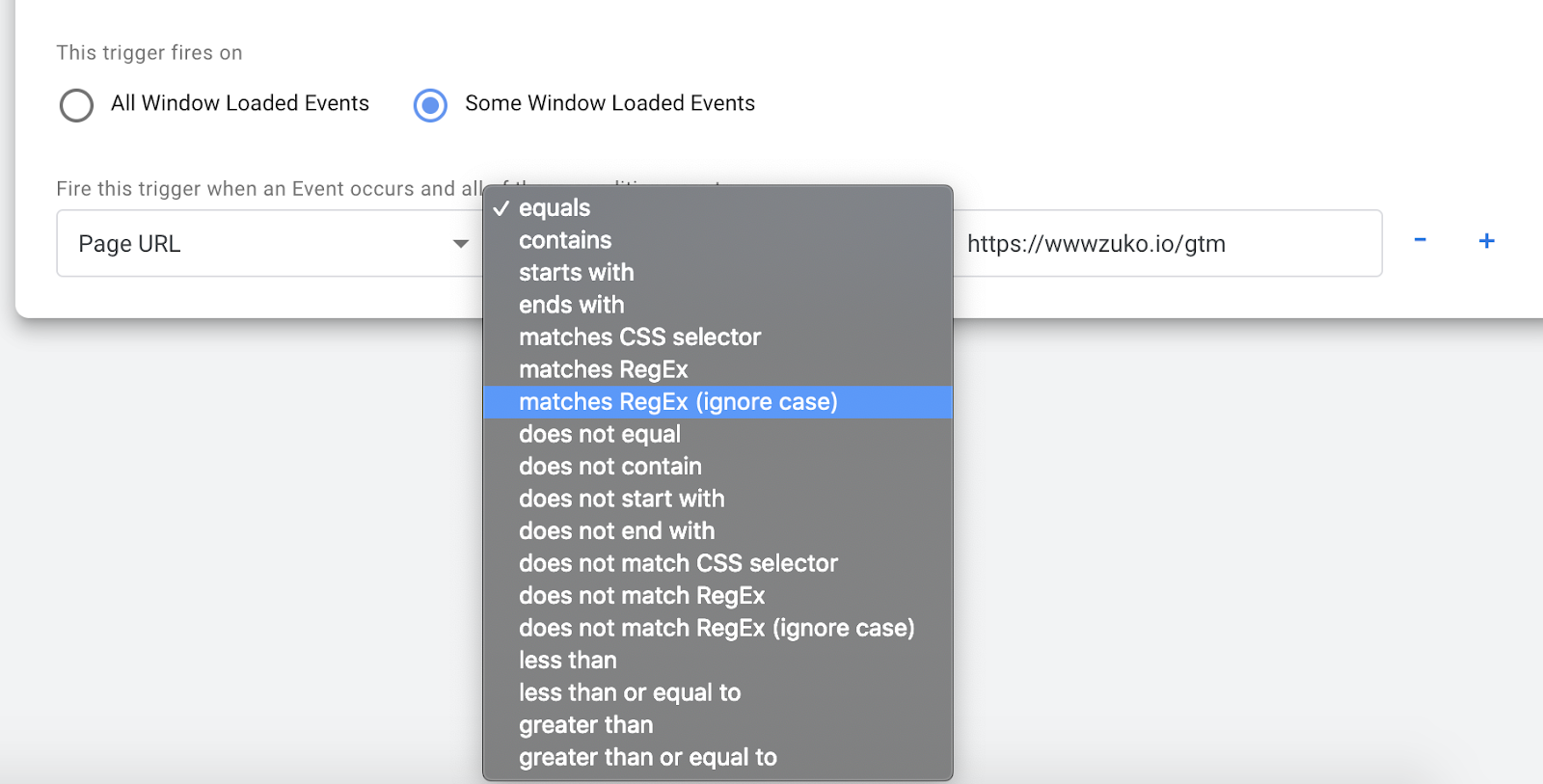 Google Tag Manager Matching Rules Screenshot