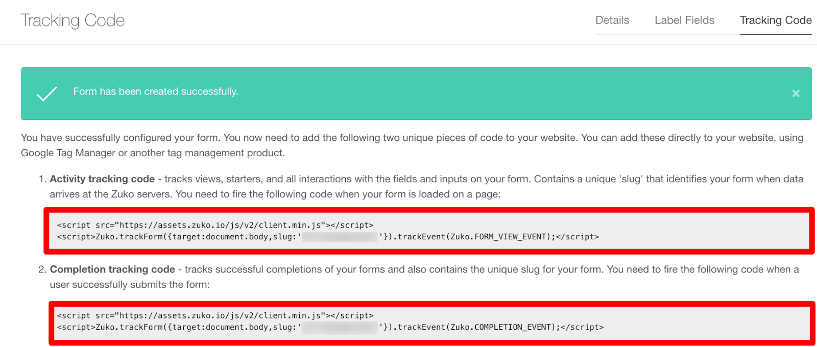 Zuko Tracking Code Scrrenshot