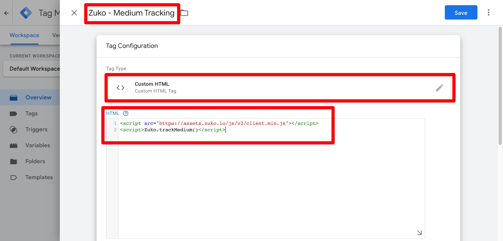 Screenshot of Zuko Medium Tracking Tag in GTM