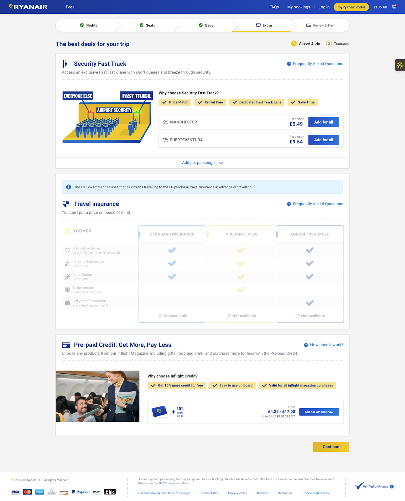 Ryanair checkout trying to upsell extras