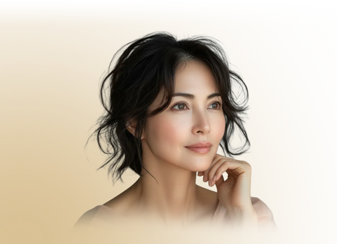 Close-up portrait of a thoughtful woman with dark wavy hair against a beige background.