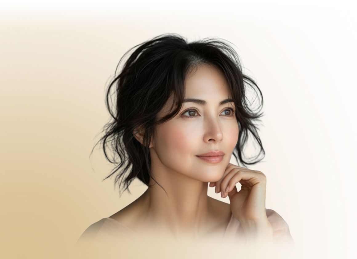 Close-up portrait of a thoughtful woman with dark wavy hair against a beige background.