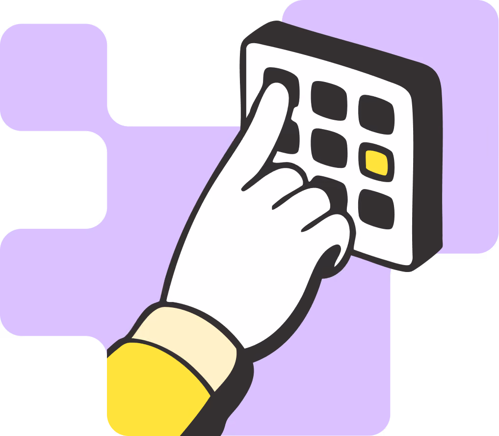 White gloved hand pressing a yellow button on a small keypad against a purple background.