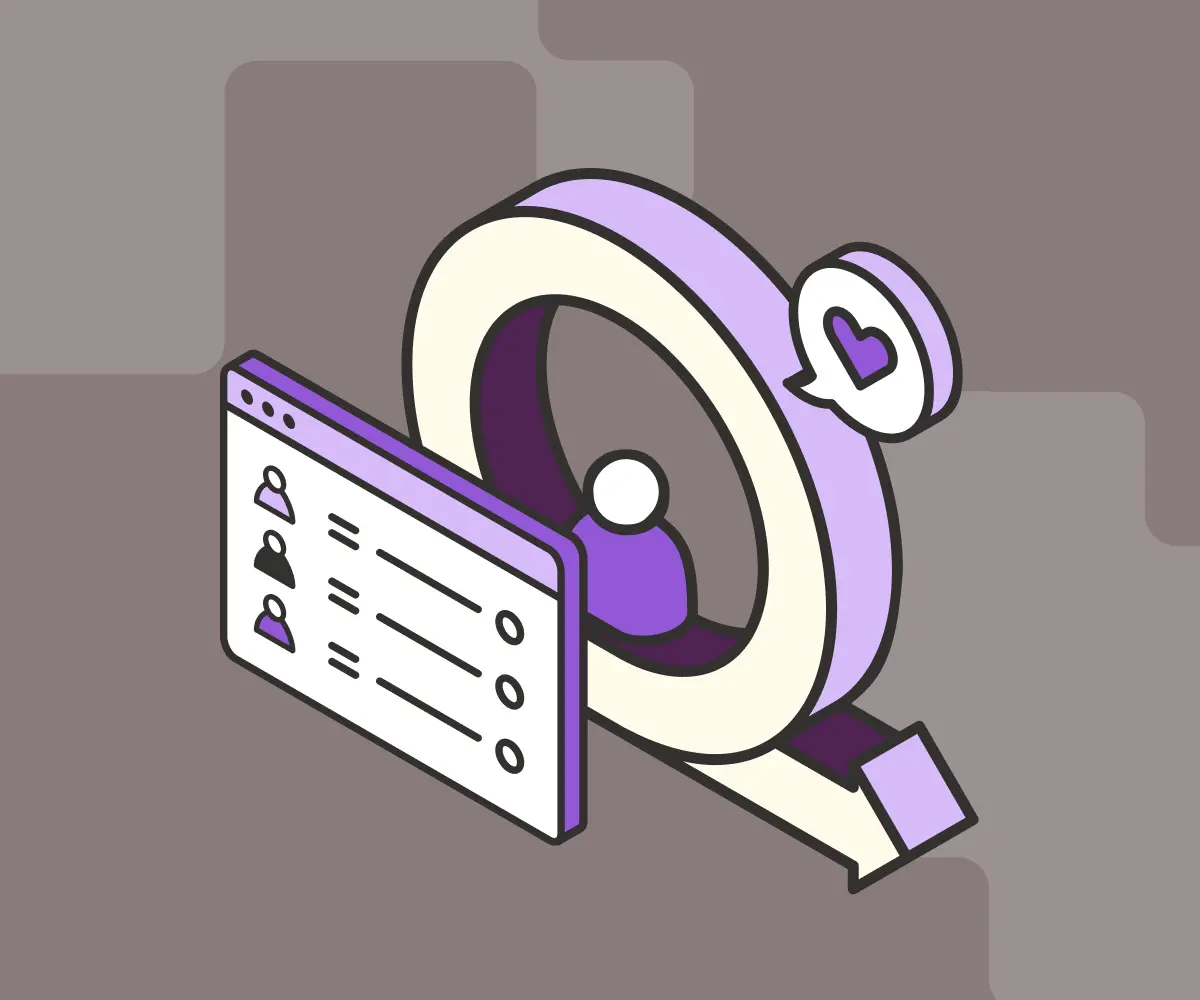 Isometric icon of a magnifying glass with a person and a chat bubble with a heart symbol.