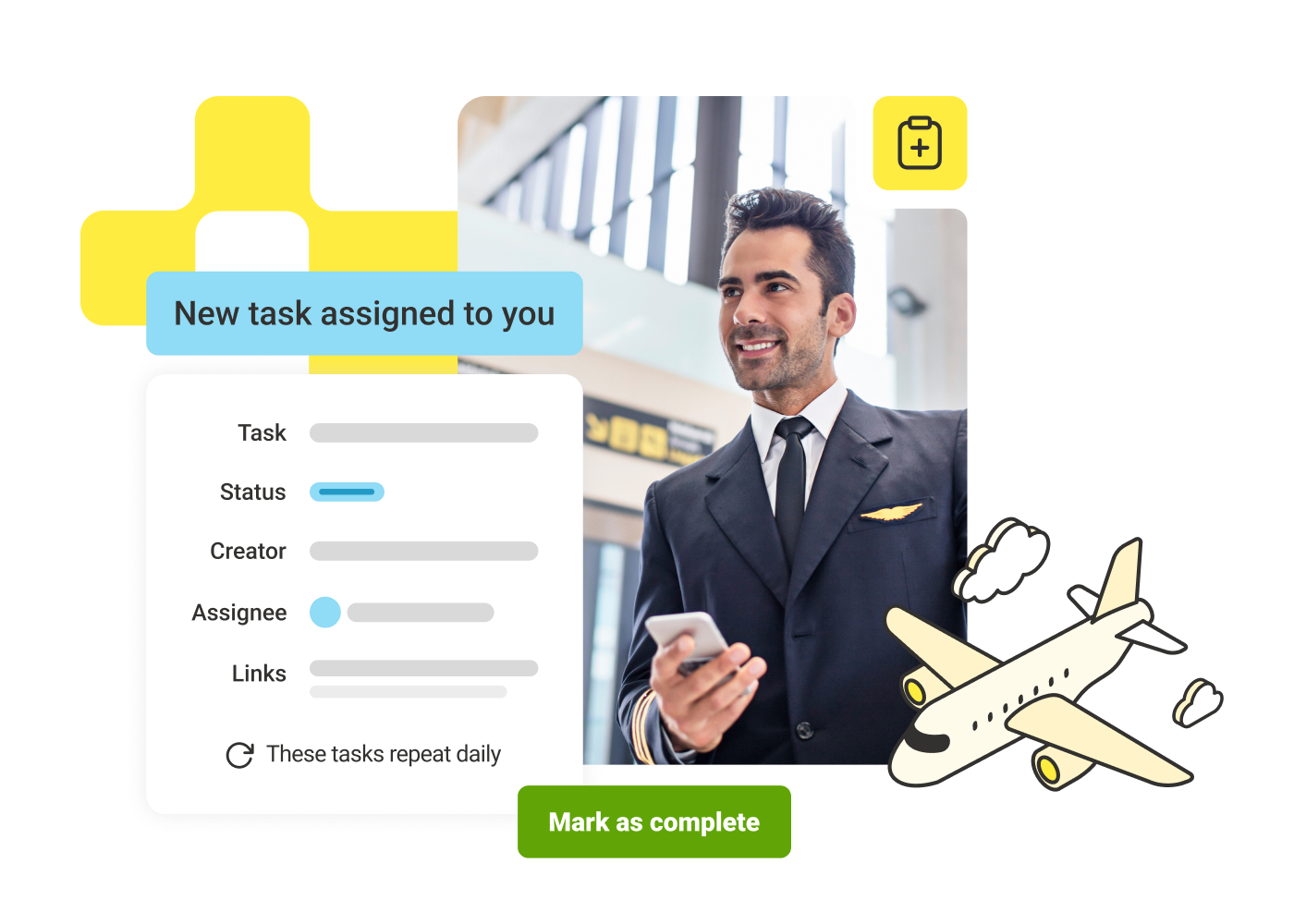 Smiling pilot in uniform holding smartphone with task assignment screen and airplane illustration.