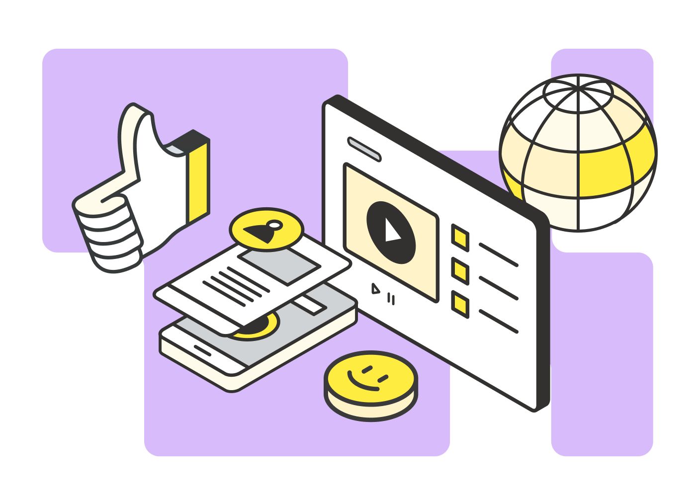 Illustration of a thumbs-up, smartphone with profile card, video player, smiling emoji, and globe on purple background.