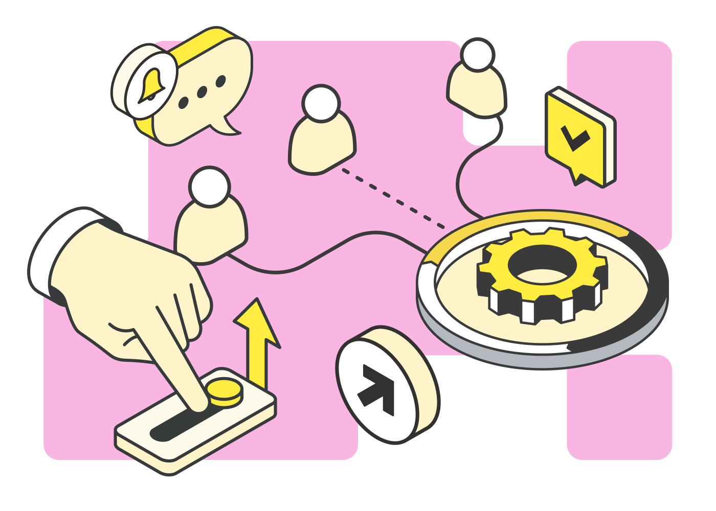 Hand pushing slider button with arrows linking to gear icon, user icons, and checkmark on pink background.