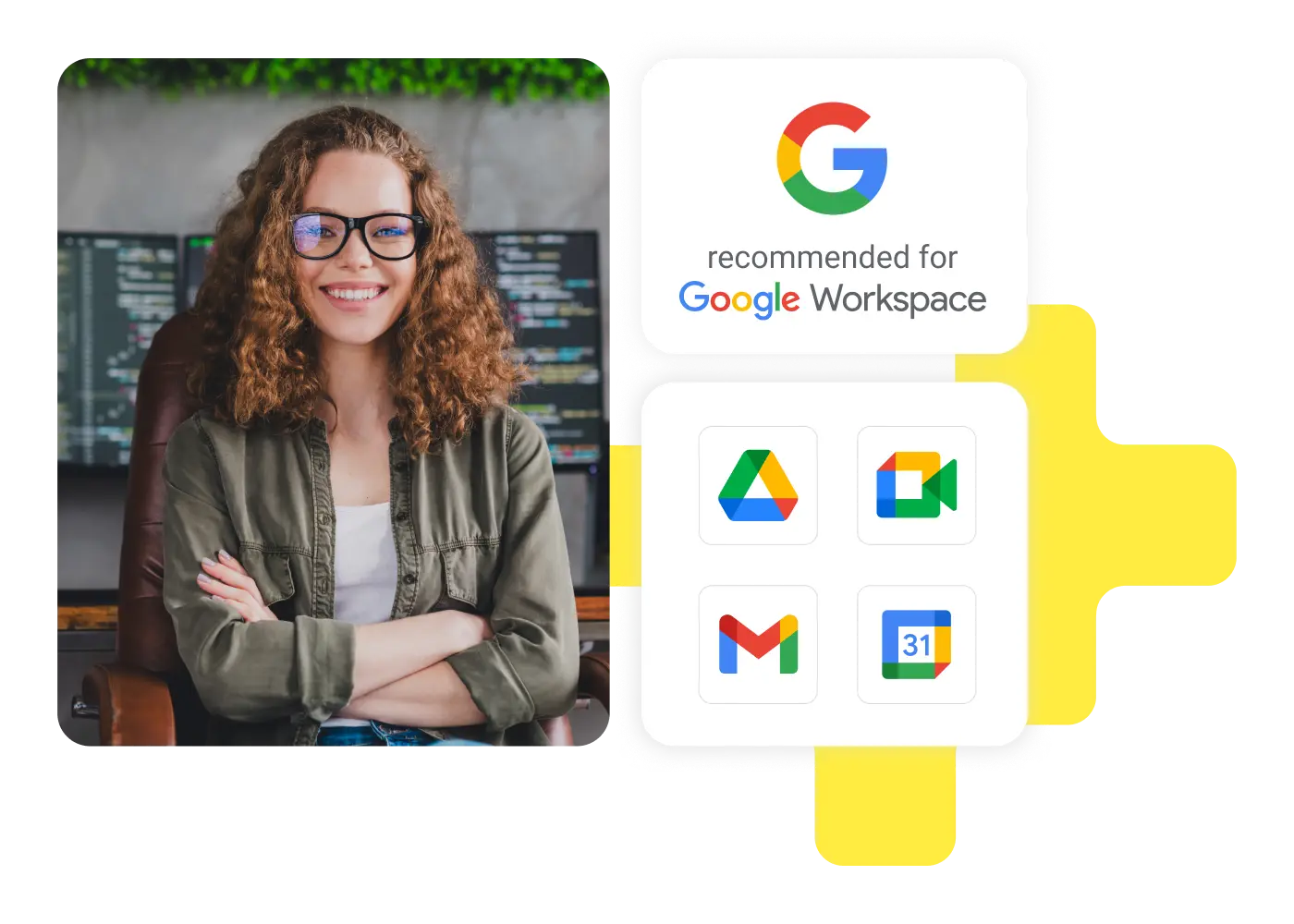 Smiling woman with glasses in a workspace next to Google Workspace recommended apps icons.