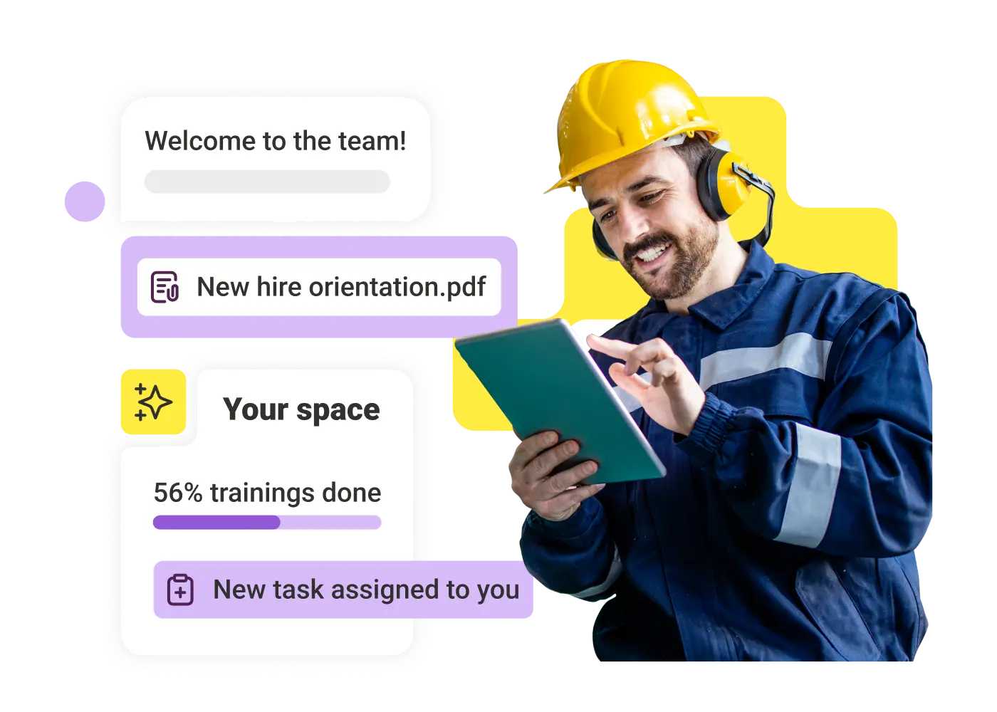 Smiling worker in blue uniform and yellow helmet using a tablet with training progress and task notifications.