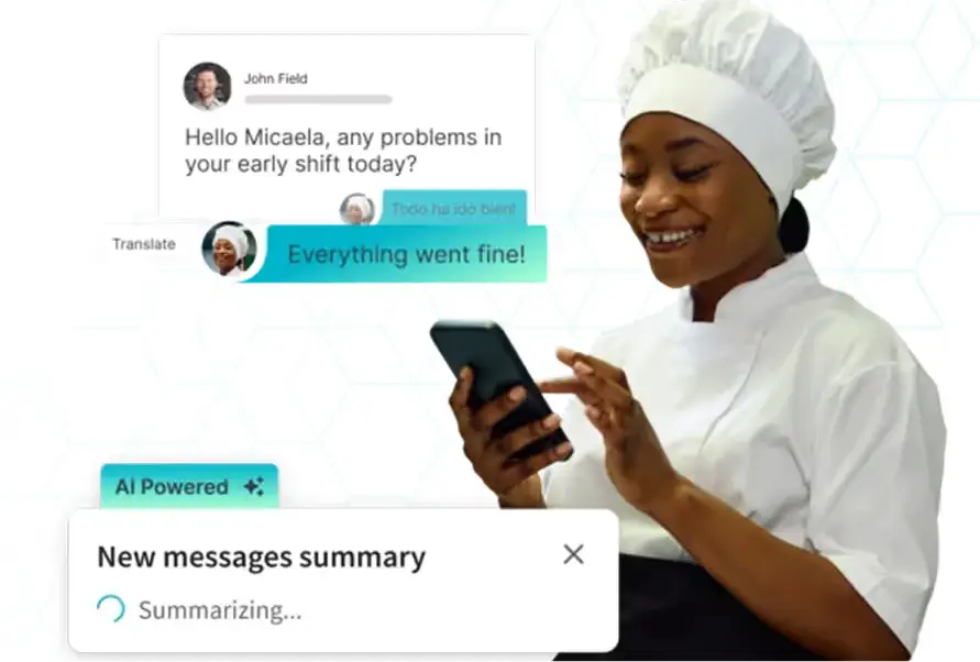 Smiling chef in uniform uses phone; screen shows AI-powered message summary being generated.
