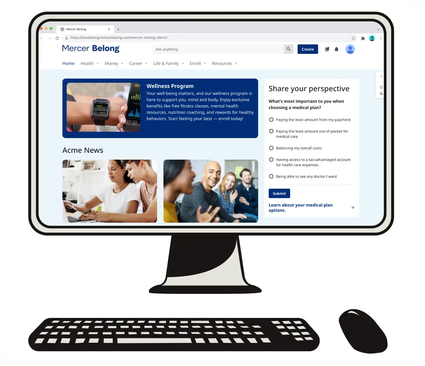 Desktop screen showing Mercer Belong wellness program and a survey on choosing a medical plan.