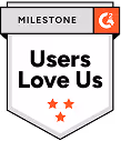 G2 milestone badge with text Users Love Us and three orange stars.