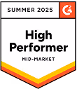 Badge reading 'Summer 2025 High Performer Mid-Market' with red and yellow chevron design.