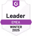 G2 Leader badge for EMEA Winter 2025 with purple and black accents