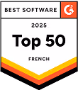 2025 Top 50 French best software badge with G2 logo and red, yellow, black stripes.