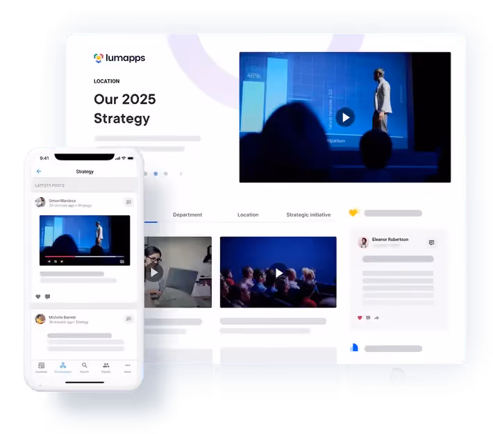 LumApps platform interface on desktop and smartphone showing 'Our 2025 Strategy' with video thumbnails and user posts.