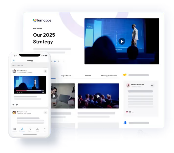 LumApps platform interface on desktop and smartphone showing 'Our 2025 Strategy' with video thumbnails and user posts.