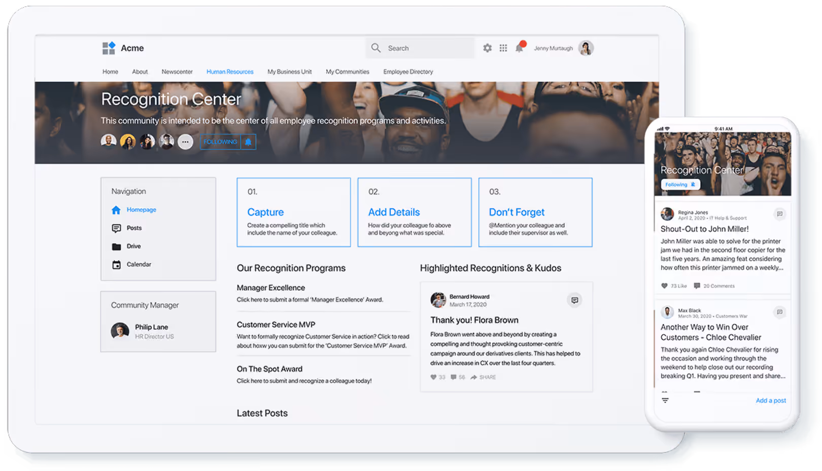 Tablet and smartphone displaying an employee recognition center webpage with navigation, recognition program details, highlighted kudos, and recent posts.