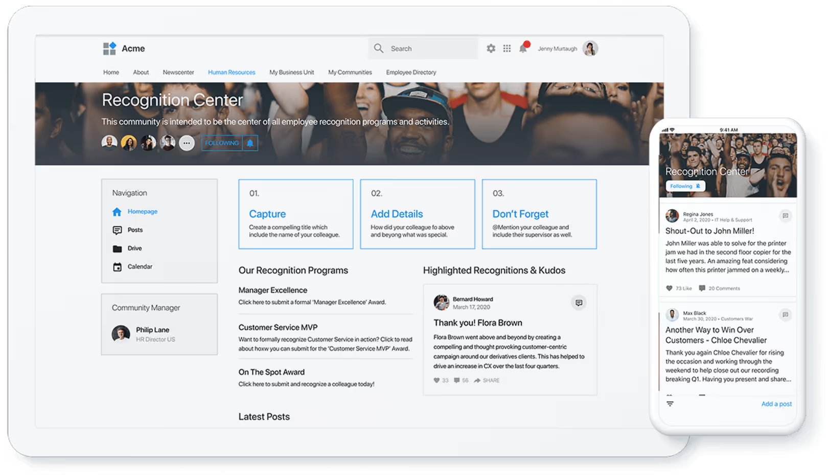 Tablet and smartphone displaying an employee recognition center webpage with navigation, recognition program details, highlighted kudos, and recent posts.