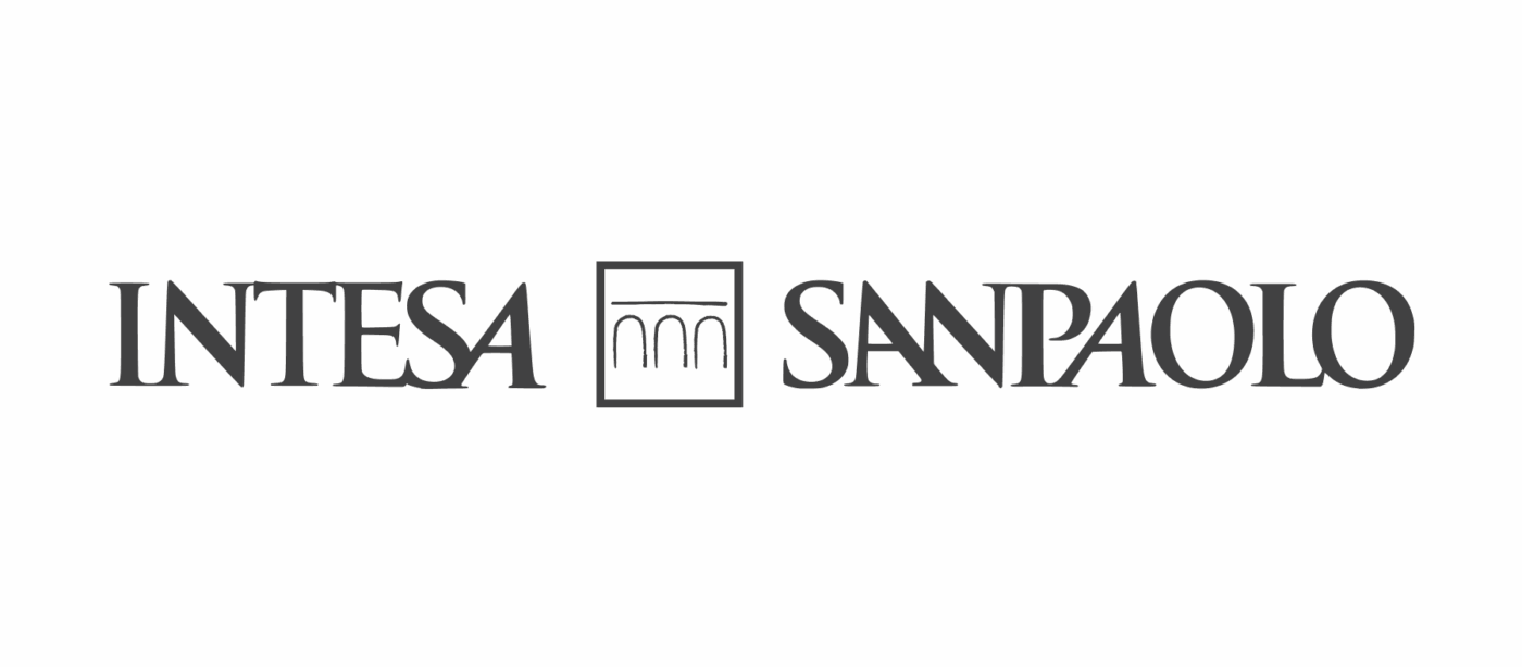 Intesa Sanpaolo logo with stylized arches inside a square between the words.