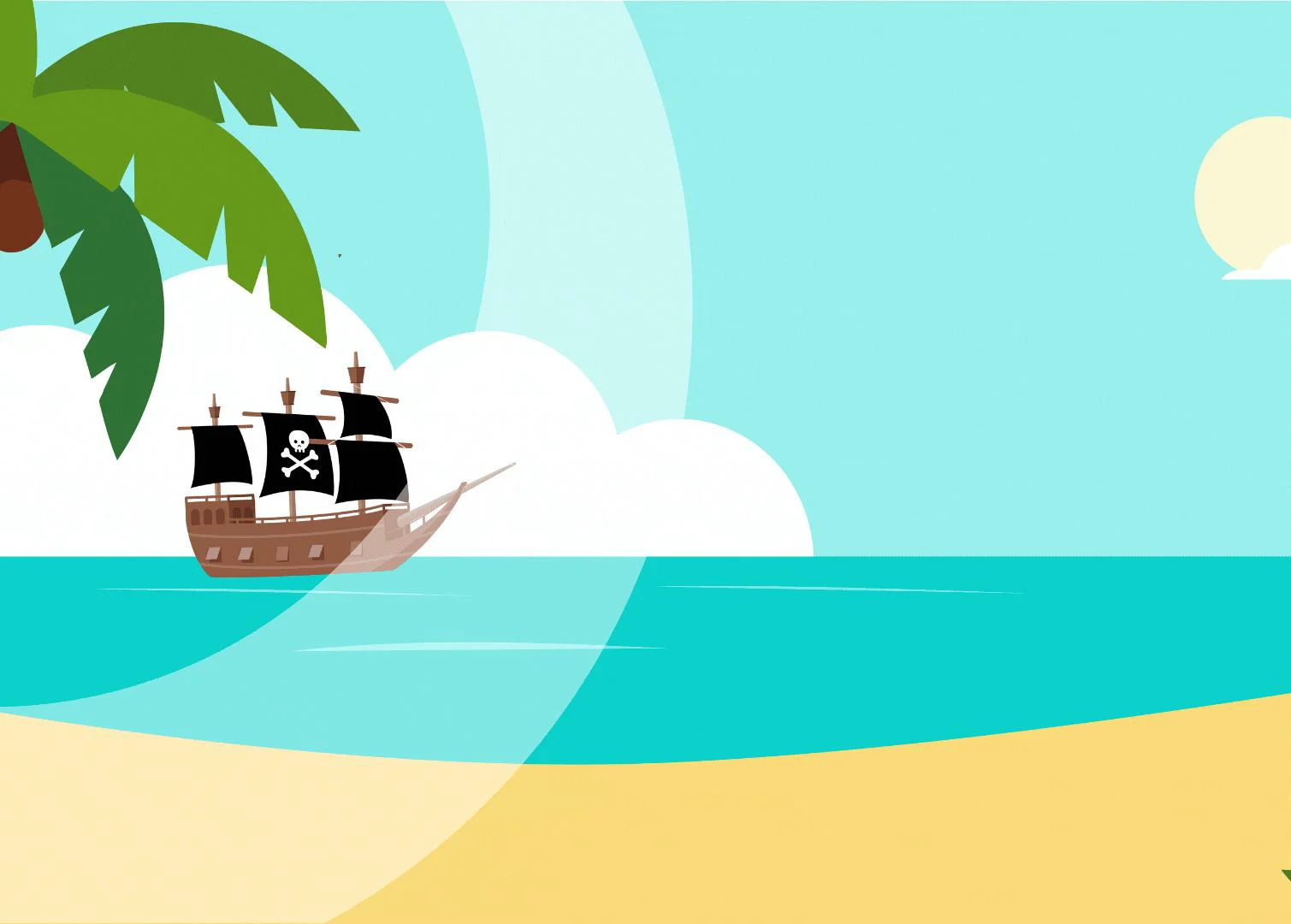 Visual della campagna caccia al tesoro: una nave pirata davanti a una spiaggia tropicale