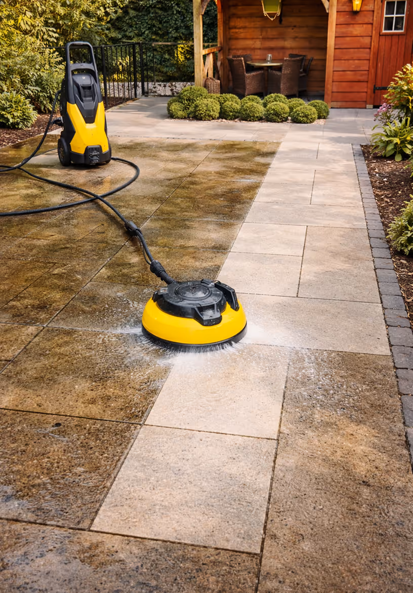 Yellow pressure washer cleaning a patio, showing a clear distinction between dirty and cleaned tiles.