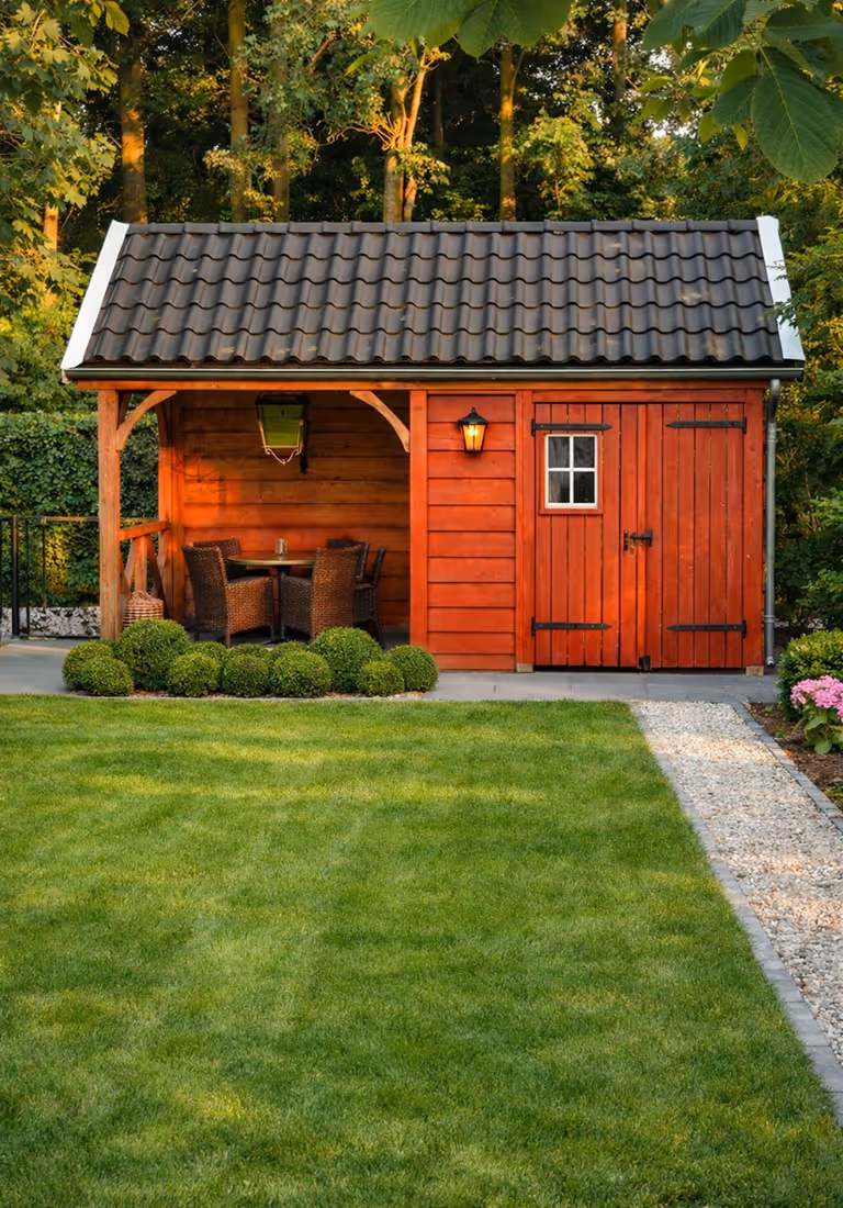 Small red wooden garden shed with black tiled roof, attached covered seating area with wicker chairs and table, surrounded by green lawn and trees.