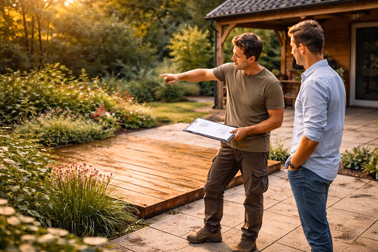 Two men standing on a patio near a wooden deck, one pointing towards the garden while holding a clipboard.