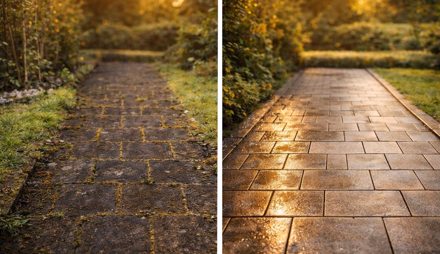 Side-by-side comparison of two garden paths: one old with moss and dirt on stone bricks, the other newly paved with clean, wet tiles reflecting sunlight.