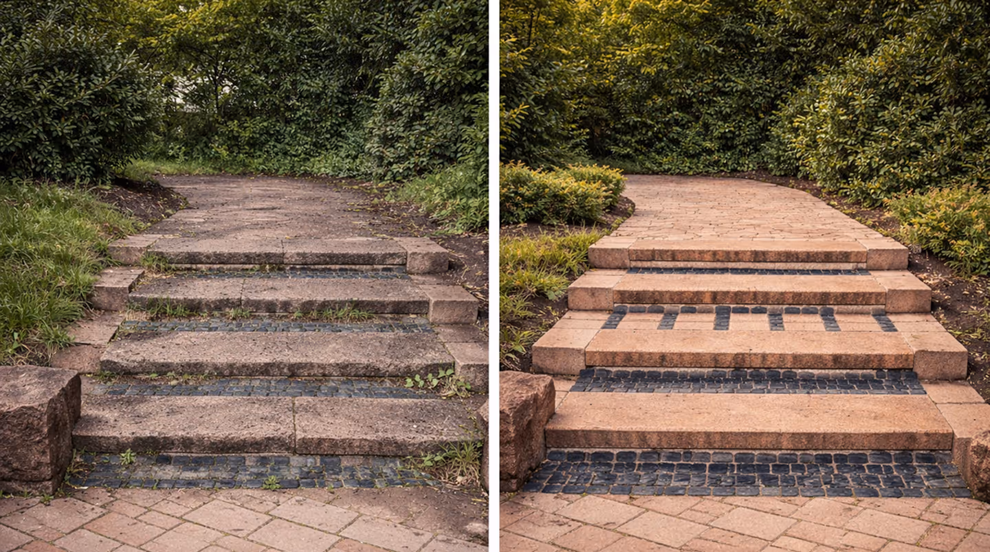 Side-by-side comparison of outdoor stone steps and pathway before and after cleaning and restoration, surrounded by green shrubs.