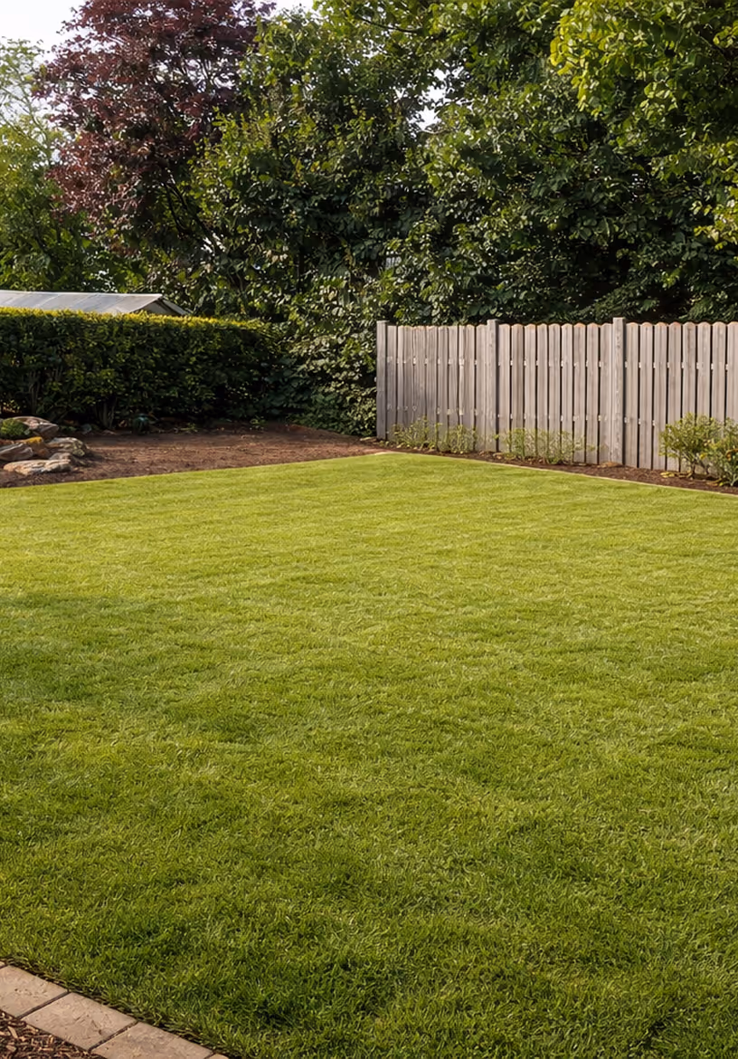 Well-maintained green lawn bordered by shrubs, trees, a wooden fence, and a small paved edge.