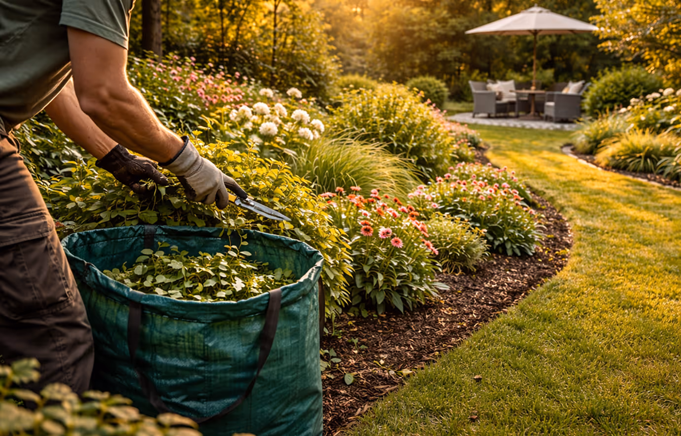 Person trimming green plants and collecting clippings in a large green garden bag in a sunlit flower garden with a patio set in the background.