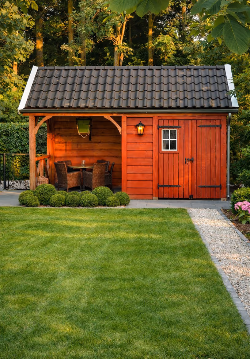Red wooden garden shed with a black tiled roof, outdoor seating area with wicker chairs and a table, surrounded by green grass and shrubs.