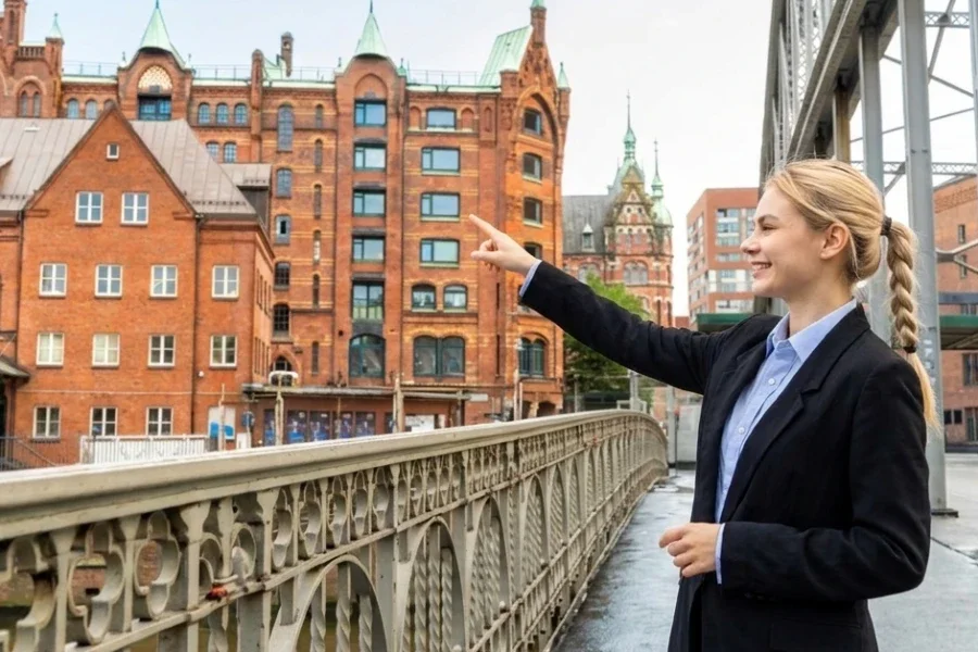 Mietwohnung in Hamburg verwalten lassen, Immobilienmaklerin zeigt auf ein Objekt