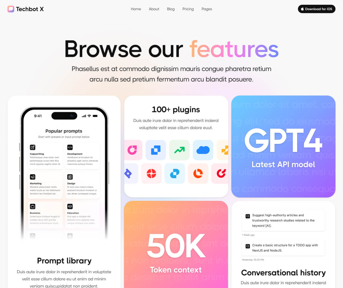 Techbot X - Features Page - AI App Webflow Template