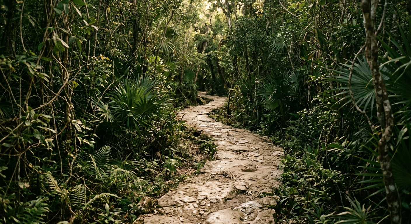 A limestone path curving through dense Yucatan jungle