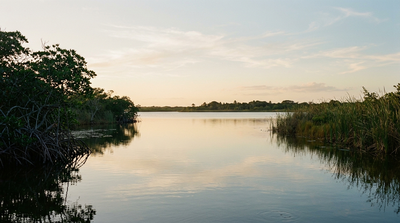 Still water at golden light with mangrove and reed edges