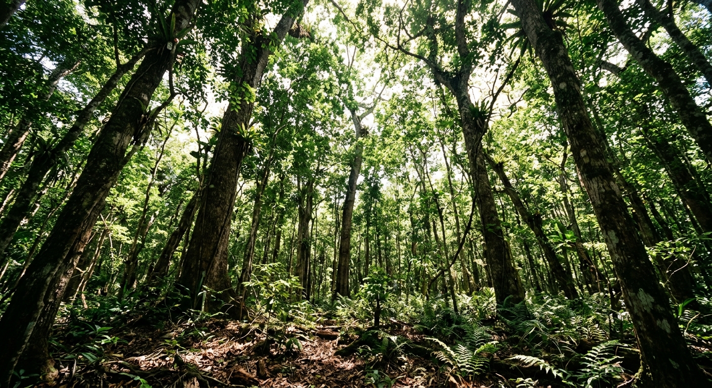 Mature hardwood trunks and open canopy in Yucatan jungle