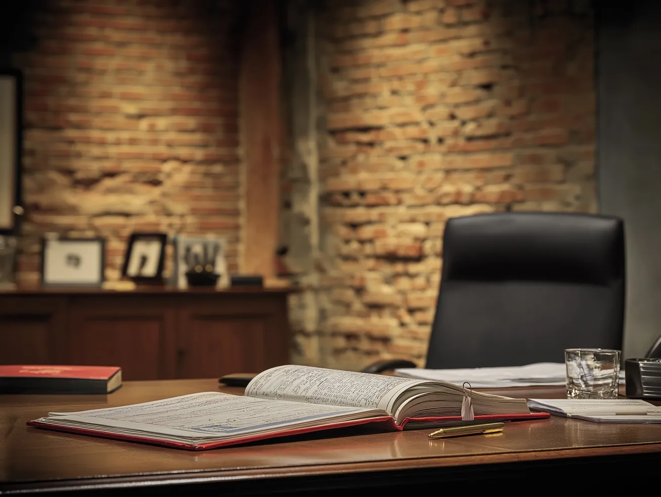 Bureau en bois avec un livre ouvert, un stylo doré, un verre d'eau et un mur en briques en arrière-plan.