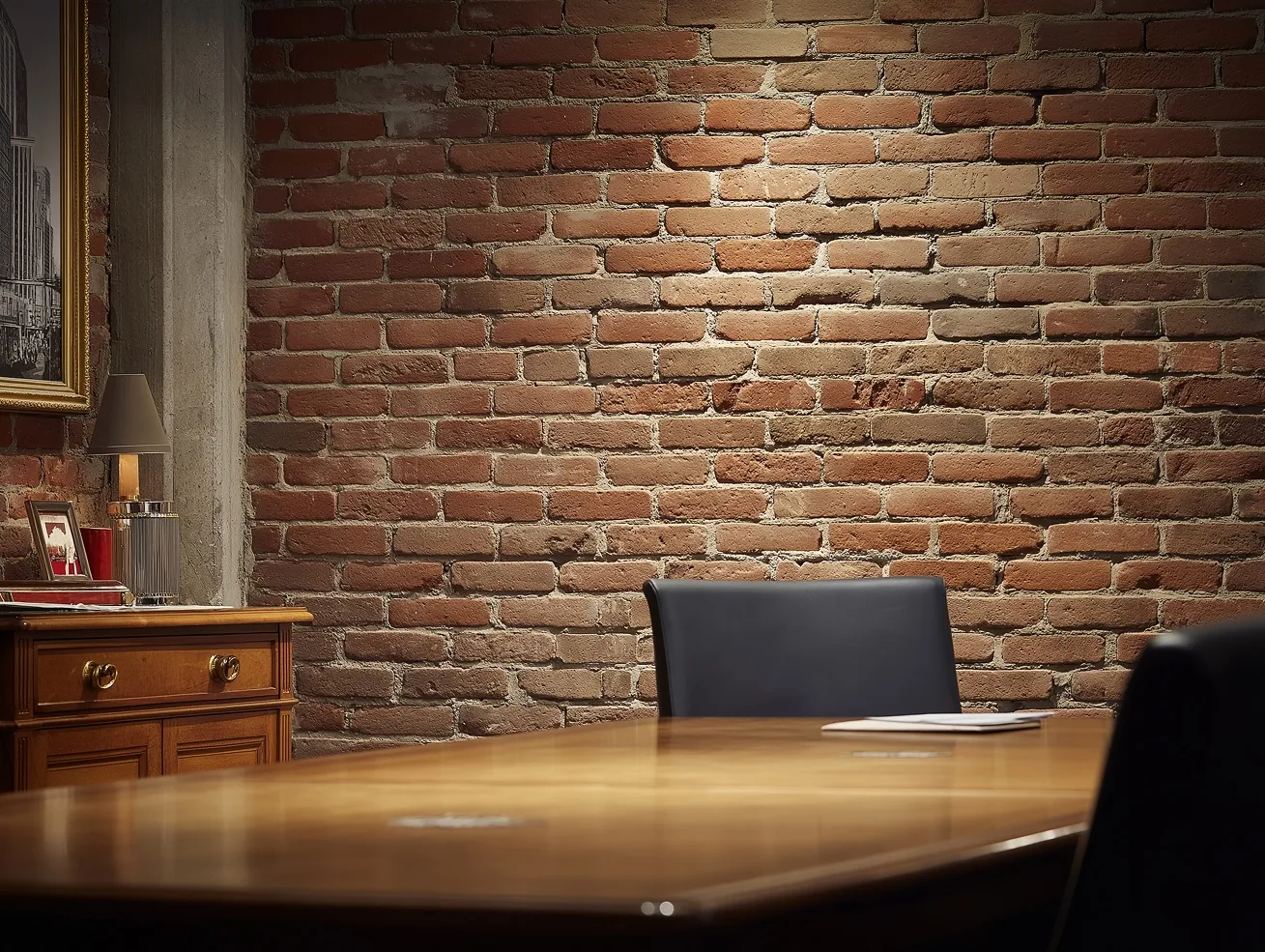 Table en bois avec une chaise en cuir noir devant un mur en briques rouges éclairé dans une salle de réunion.