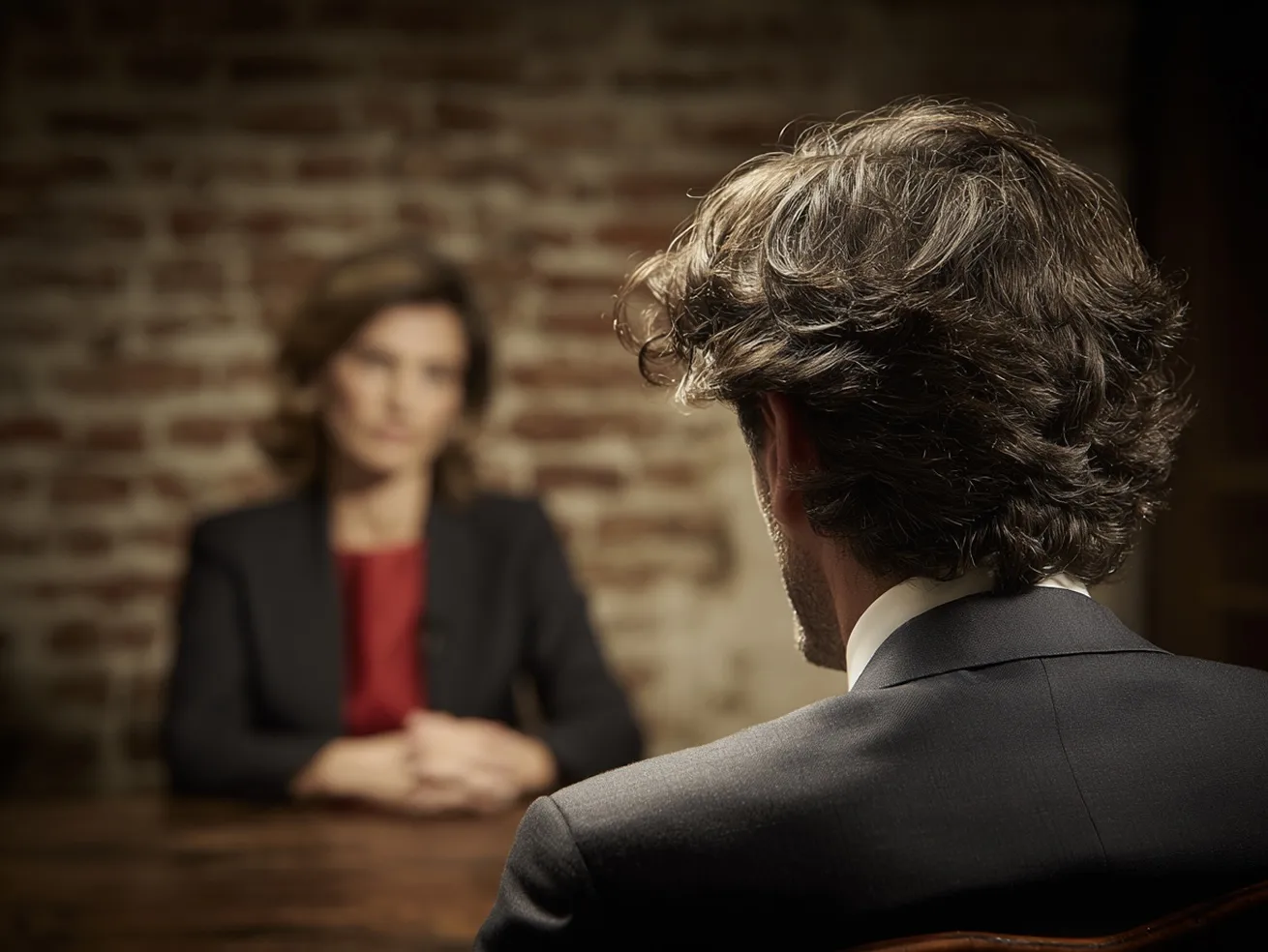 Un homme vu de dos, vêtue d'un costume, fait face à une femme en arrière-plan flou, assise devant un mur de briques.