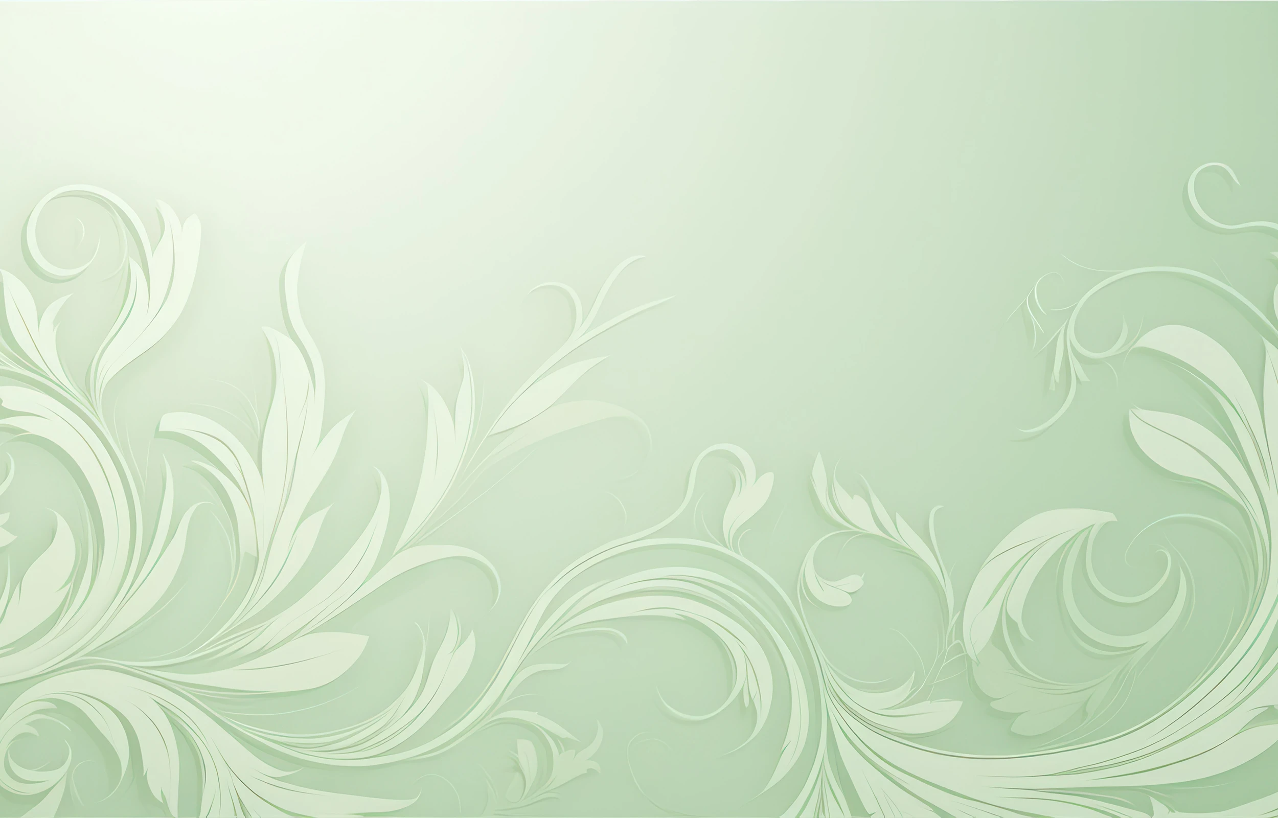 Light green background with subtle, flowing floral and leaf patterns in a decorative style.