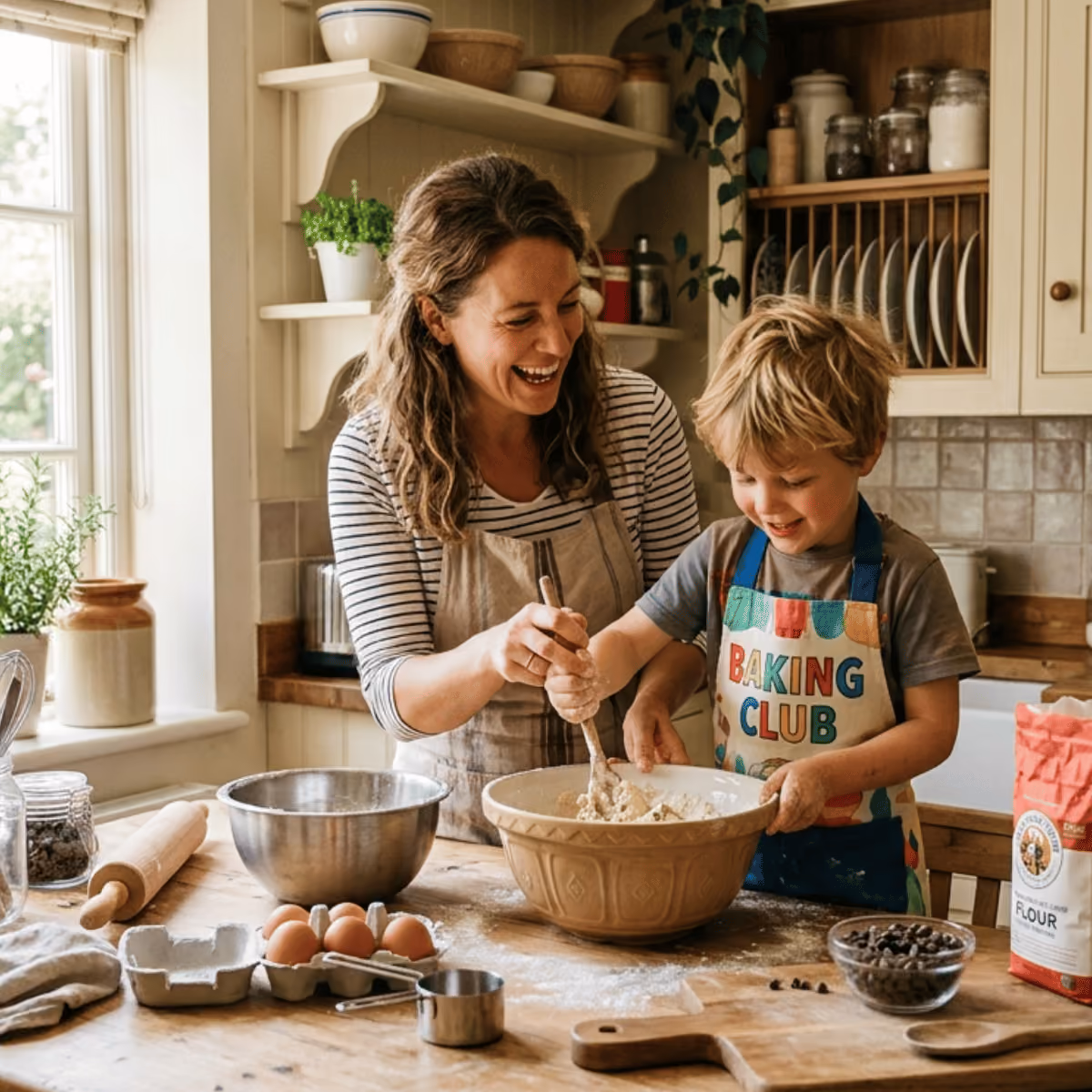 A parent and child preparing food together in a sunlit kitchen