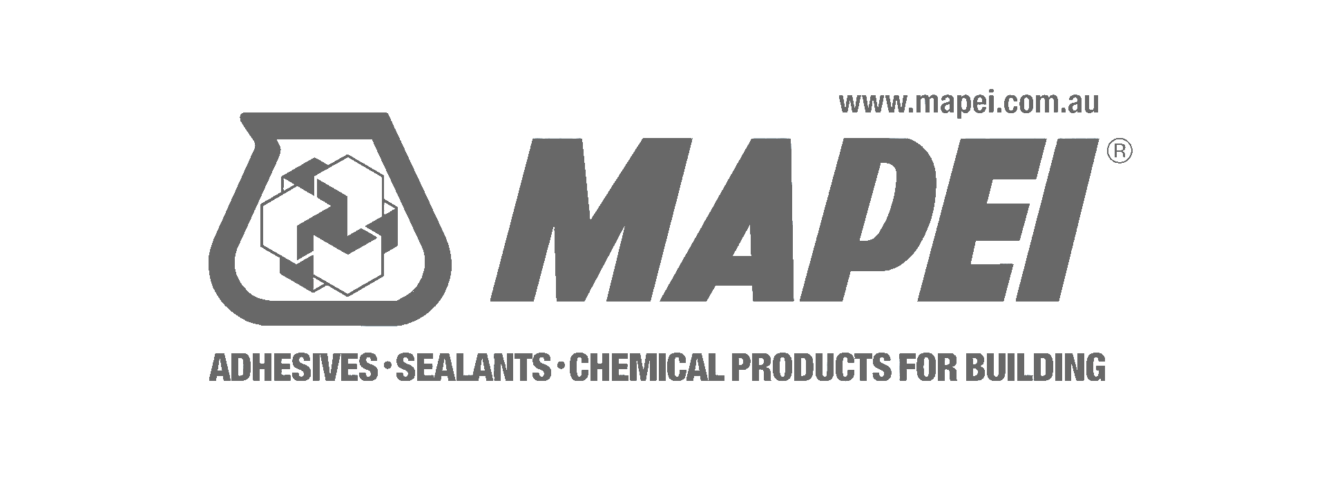 Logo MAPEI z ikoną i tekstem: Kleje, uszczelniacze, produkty chemiczne dla budownictwa oraz adres strony www.mapei.com.au