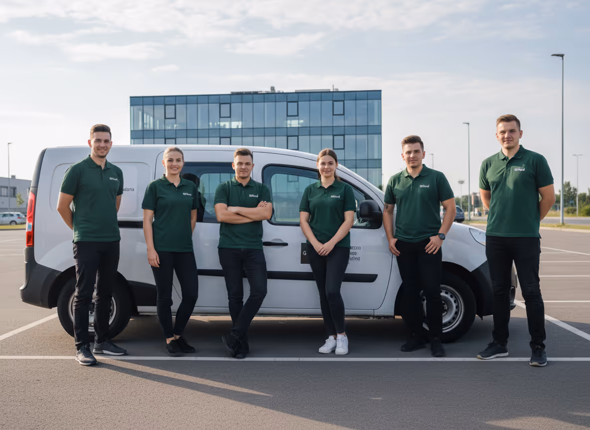 Sześć osób w zielonych koszulkach polo stoi przed białym samochodem zaparkowanym na tle nowoczesnego budynku.