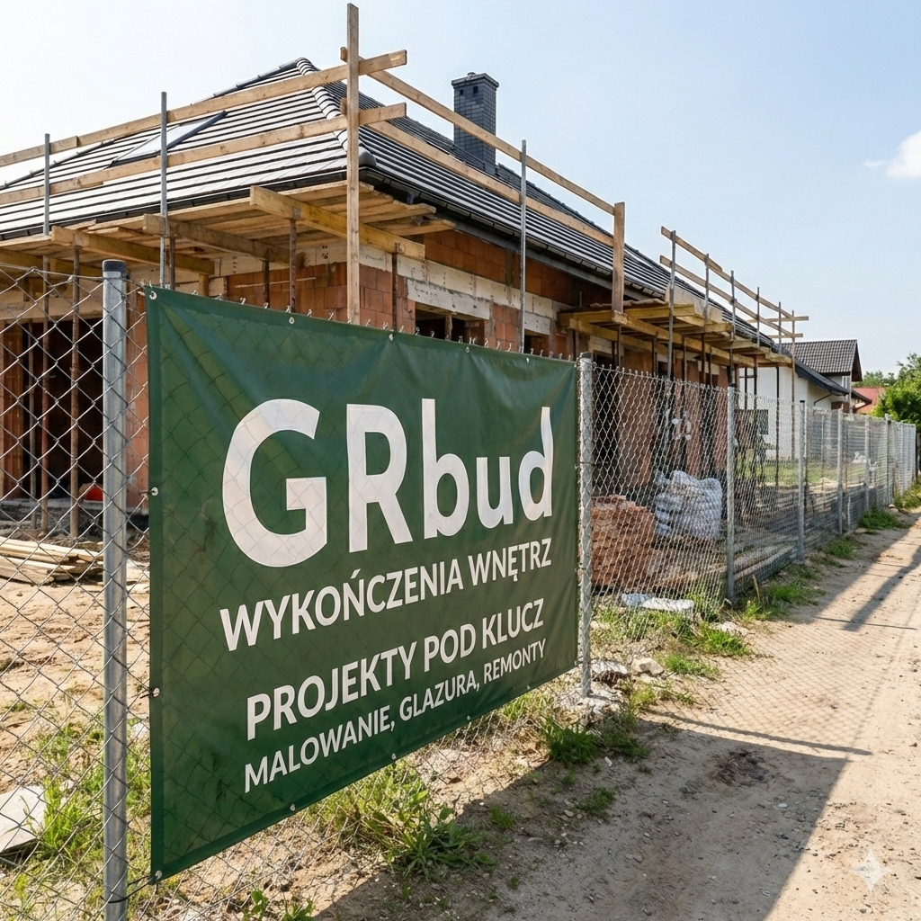 Budowa domu z ceglanym szkieletem i rusztowaniami za płotem z siatki, z zielonym banerem reklamującym usługi wykończeniowe, malowanie i remonty.