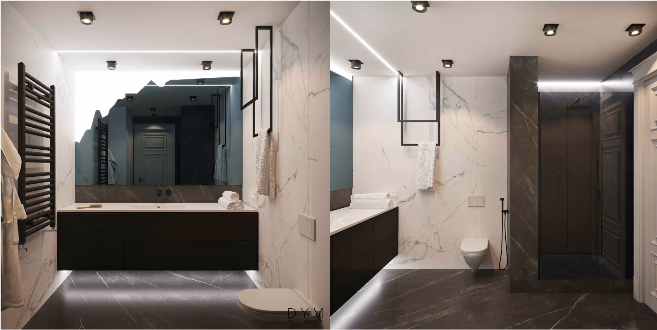 Nowoczesna łazienka z czarną szafką podumywalkową, dużym lustrem, białymi marmurowymi ścianami i czarną szklaną kabiną prysznicową.