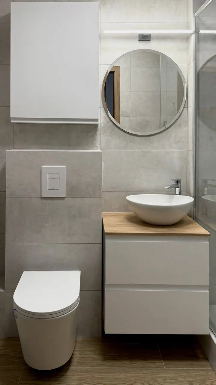 Nowoczesna łazienka z białą toaletą, wiszącą szafką, okrągłym lustrem nad drewnianą umywalką i płytkami w neutralnych kolorach.