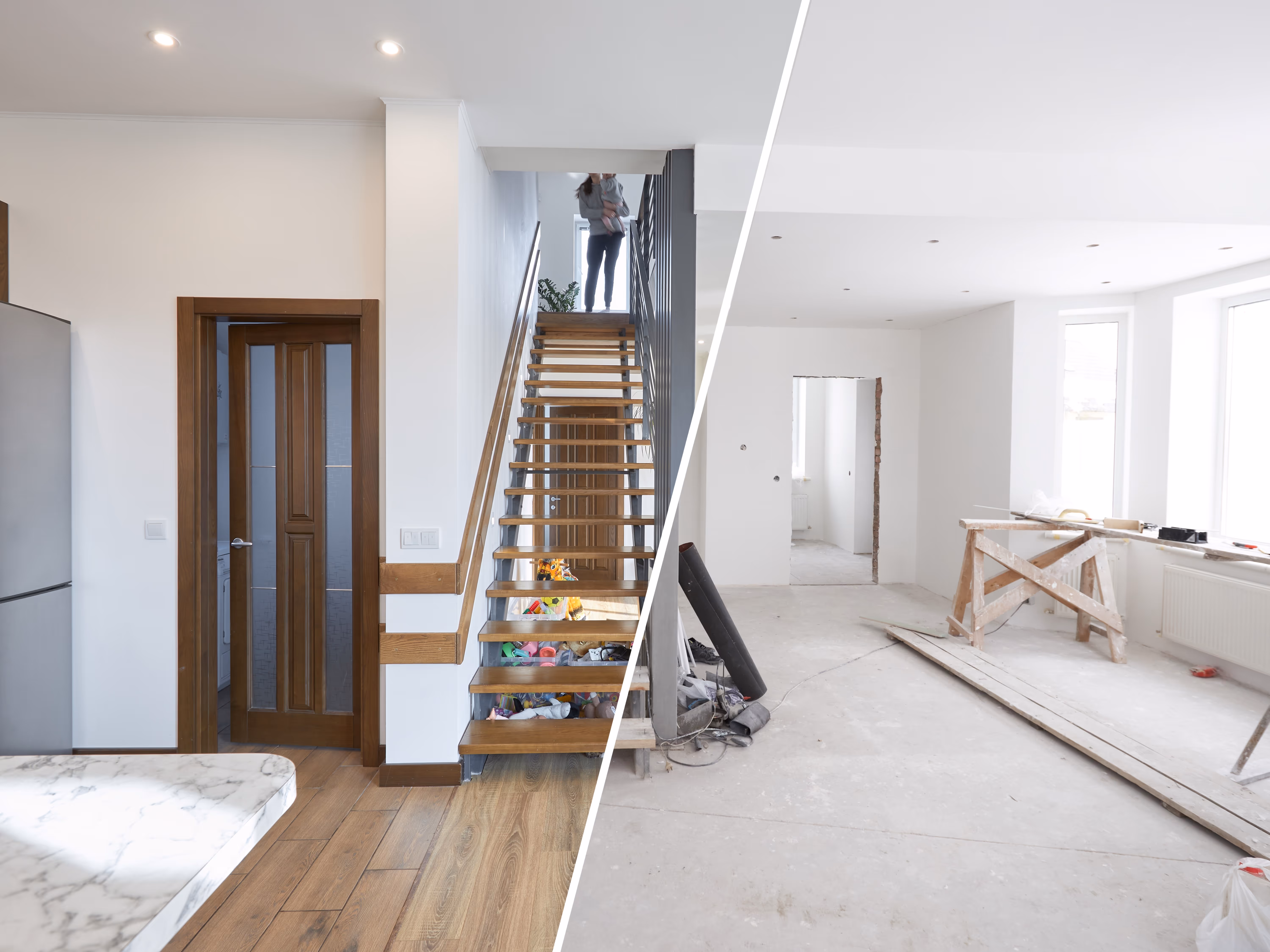Przed i po modernizacji: po lewej nowoczesne, jasne wnętrze z drewnianymi schodami i drzwiami, po prawej przestrzeń w trakcie remontu z narzędziami i niezakończonymi ścianami.